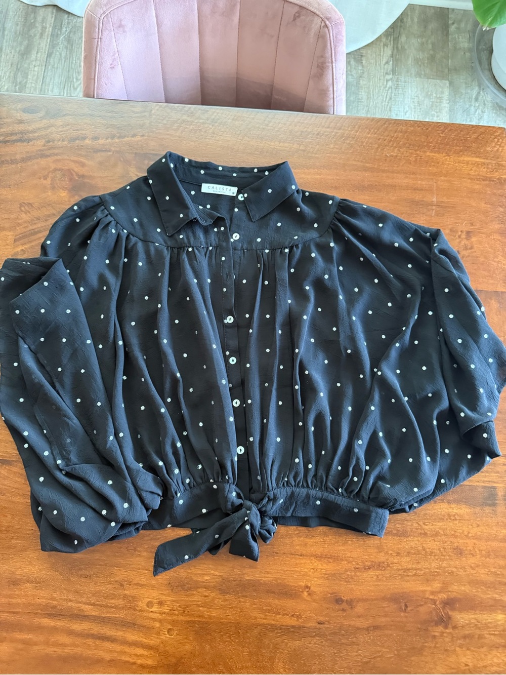 Calista Black Polka Dot Tie Front Blouse Medium